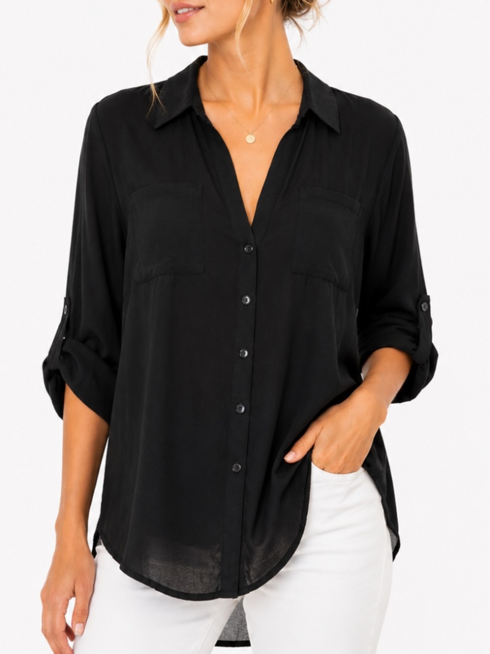 BCX Roll Tab Sleeve Button Down Collared Chiffon Blouse Size XL NWOT
